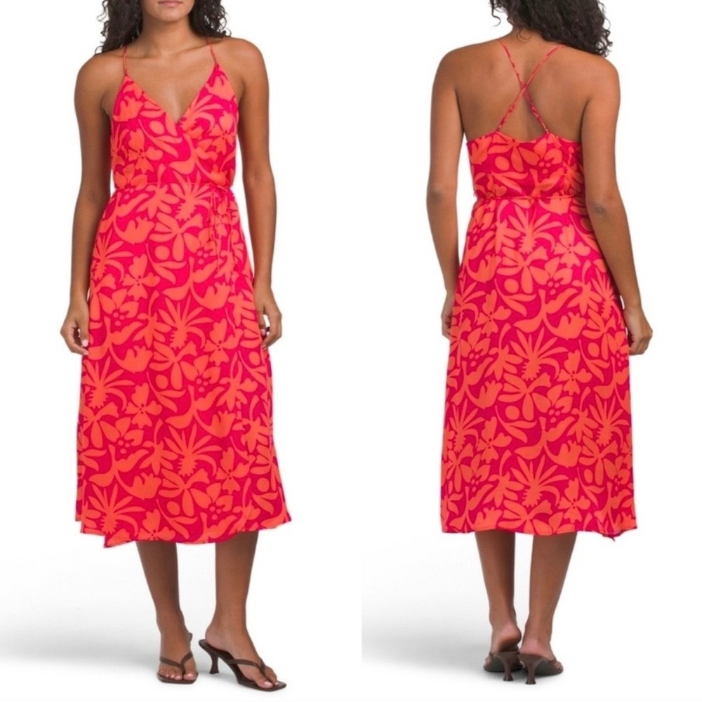 Marine Layer Archive‎ Emma Wrap Dress Summer Flora Pink Orange Midi Medium NWT